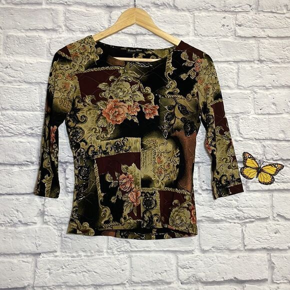 BRITTANY Black 3/4 Sleeve Floral and Ribbed Detailed Top Size Unknown - Picture 2 of 8